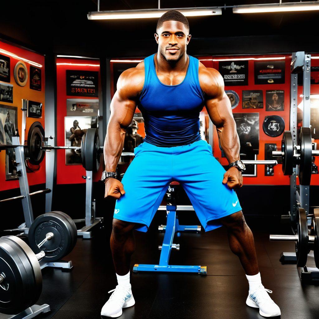 A dynamic composition featuring Reggie Bush in a vibrant gym setting, showcasing a balance between intense fitness training and celebrity life. Surround him with motivational quotes, trophies, and sports gear, all infused with energy and movement. Incorporate elements of fame, like cameras and fans, illustrating the duality of his journey. Emphasize bright colors and an inspiring atmosphere. super-realistic. vibrant colors. dynamic composition.