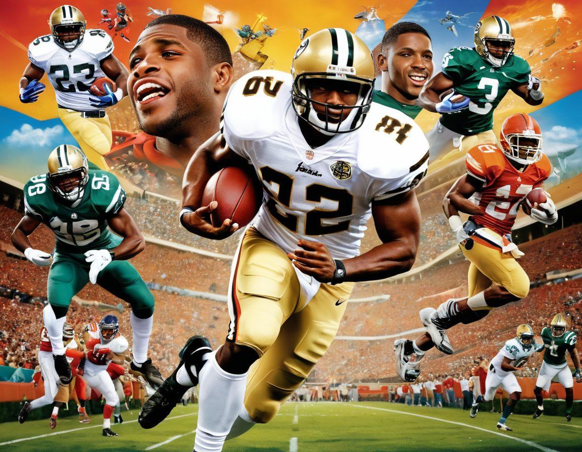 A dynamic collage featuring Reggie Bush in action on the football field, surrounded by images of him in the spotlight as a celebrity, with elements of wellness like a serene nature scene and fitness icons. Incorporate vibrant colors to represent energy and vitality, blending sports, fame, and health seamlessly into one harmonious design. The background should hint at a journey with a winding road leading towards success. super-realistic. vibrant colors. pixel art.