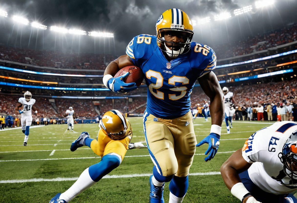 A captivating collage featuring Reggie Bush in dynamic sports action, candid moments with fans, and behind-the-scenes glimpses of his training regimen. The background includes iconic team logos and a blurred stadium to evoke excitement. Elements of determination and resilience are symbolized through dark clouds parting, revealing a bright sun in the distance. The color palette should be vibrant and energetic, reflecting the spirit of sports. super-realistic. dynamic composition. bright colors.